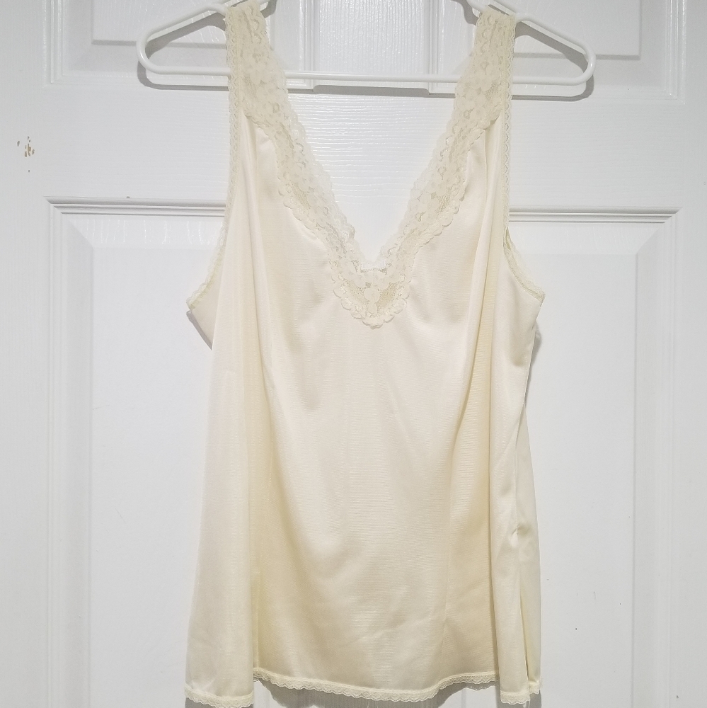 Vintage Sear's Ivory Cream Lace Detail Trim Double V-neck Sleeveless Slip Shirt